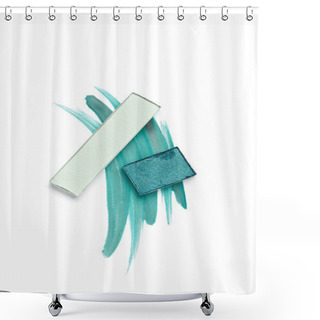 Personality  Flat Lay With Arranged Eyeshadows Of Blue Shades On White Background Shower Curtains