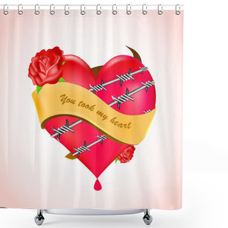 Personality  Bleeding Heart With Barbed Wire And Red Roses. Vector. Shower Curtains