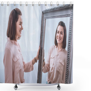Personality  Beautiful Smiling Young Woman Standing Near Mirror And Looking At Reflection Shower Curtains