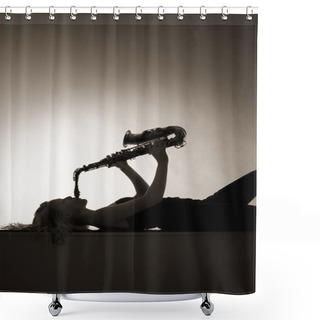 Personality  Silhouette Of Woman Playing Saxophone, Sepia Toned. Shower Curtains