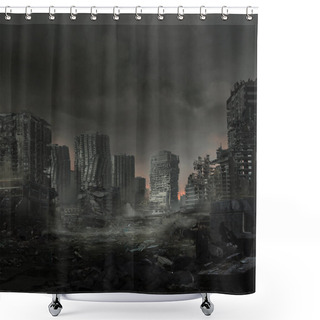 Personality  Digital Illustration Of A Lifeless Ruined Cityscape Shower Curtains
