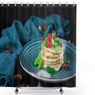 Personality  Delicious Cake With Fruit And Mint Decoration On Black Background Shower Curtains