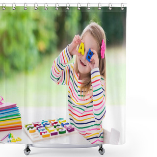 Personality  Child Doing Homework For School At White Desk. Wooden Educational Abc Toy Puzzle For Kids. Happy Back To School Student. Kid Learning Alphabet Letters. Little Girl With School Supplies And Books. Shower Curtains