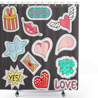 Personality  Sketch Comics Set Of Stickers With Hearts, Speech Bubbles, Text Cool, Love, Lightning, Lips, Rings, Sunglasses. Girlish Fashion Elements In Bright Colors. Comic Style. Fashion Patch Badges Shower Curtains