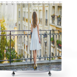 Personality  Beautiful Young Woman Enjoying Scenic View Of Paris, France Shower Curtains