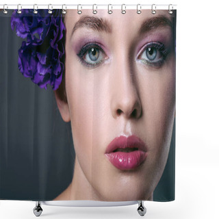 Personality  Close-up Portrait Of Sensual Young Woman With Eustoma Flowers Behind Ear Looking At Camera Isolated On Grey Shower Curtains