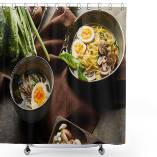 Personality  Traditional Spicy Ramen In Bowls With Chopsticks On Brown Napkin On Stone Surface Shower Curtains