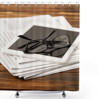 Personality  Glasses, Coffee Cup, Digital Tablet And Newsprint On Wooden Table Shower Curtains