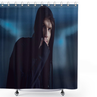 Personality  Selective Focus Of Handsome Thief In Black Hoodie In Underpass Shower Curtains