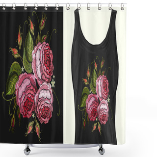 Personality  Embroidery. Beautiful Pink Roses Classical On Black Background Shower Curtains