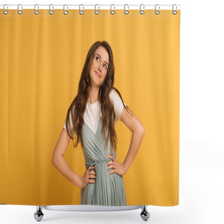 Personality  Beautiful Smiling Spring Woman With Long Hair Isolated On Yellow Shower Curtains
