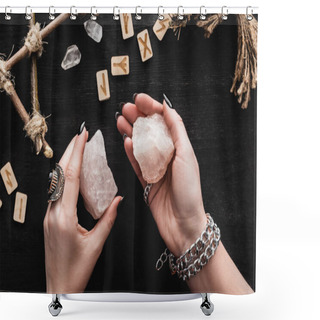 Personality  Top View Of Witch Holding Crystals Near Runes On Black  Shower Curtains