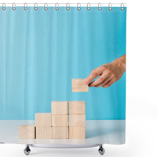 Personality  Cropped View Of Man Putting Wooden Cube On Blue With Copy Space Shower Curtains