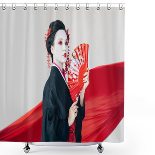 Personality  Beautiful Geisha In Black Kimono With Hand Fan And Red Cloth On Background Isolated On White Shower Curtains