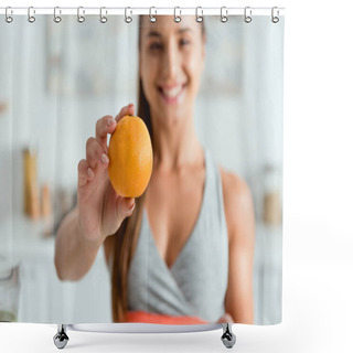 Personality  Selective Focus Of Happy Young Woman Holding Tasty Orange  Shower Curtains