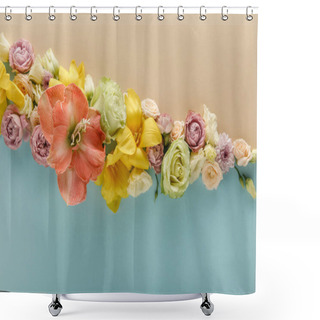 Personality  Top View Of Spring Flowers On Beige And Blue Background Shower Curtains