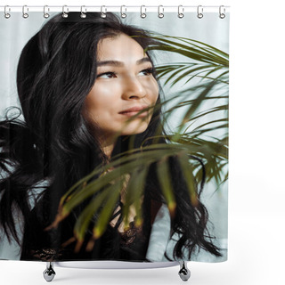 Personality  Selective Focus Of Attractive Asian Woman Near Green Plant  Shower Curtains