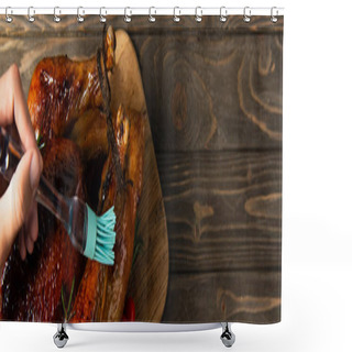 Personality  Cropped Man Oiling Roasted Turkey With Silicone Brush, Thanksgiving Dinner Preparation, Banner Shower Curtains