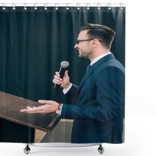 Personality  Side View Of Speaker Gesturing And Talking Into Microphone At Podium Tribune During Seminar In Conference Hall Shower Curtains