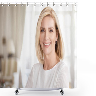 Personality  Close-up Portrait Of Beautiful Blond Woman Standing Indoor. Shower Curtains