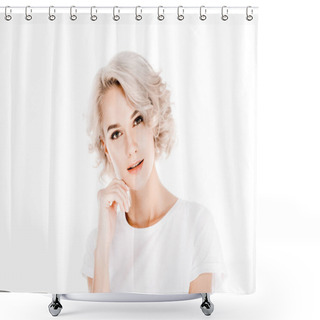 Personality  Attractive Blonde Young Adult Woman Isolated On White Shower Curtains