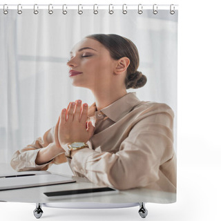 Personality  Beautiful Businesswoman Meditating With Namaste Gesture And Closed Eyes In Office Shower Curtains