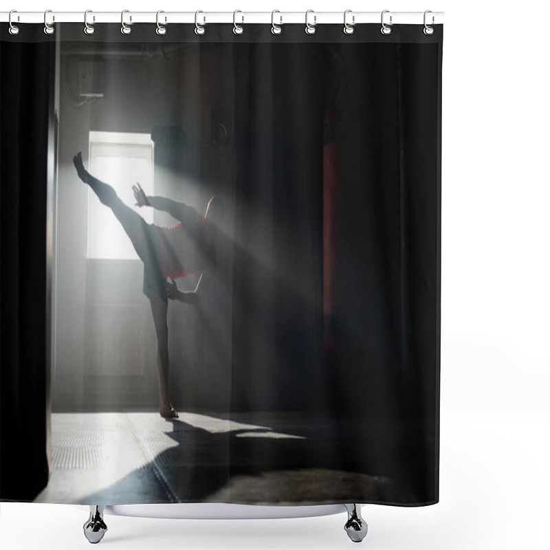 Personality  Backlit Silhouette Of Young Male Athlete In Sportswear Standing On The Floor Of Training Hall And Practicing Leg Kick Before Boxing Competition Shower Curtains