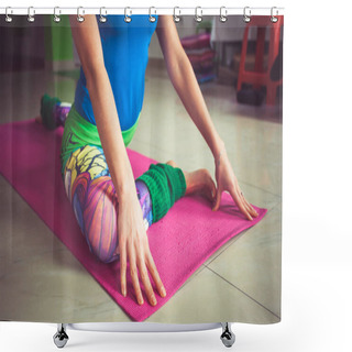 Personality  Woman Practice Yoga Indoor Extension Of Lower Limbs Closeup Shower Curtains
