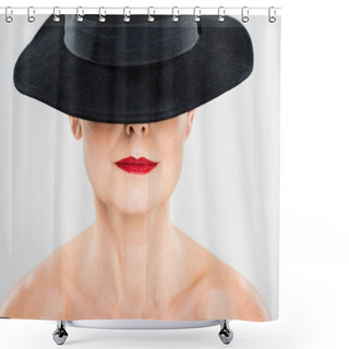 Personality  Middle Aged Elegant And Fashionable Woman With Red Lips In Black Hat Isolated On Grey  Shower Curtains