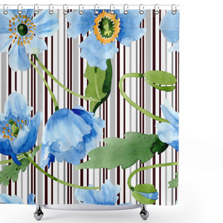 Personality  Blue Poppies With Leaves And Stripes Isolated On White. Watercolor Illustration Set.  Shower Curtains