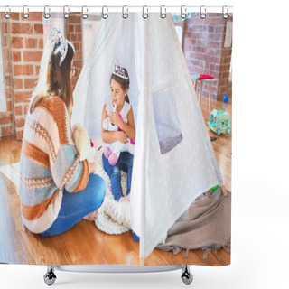 Personality  Beautiful Teacher And Toddler Wearing Princess Crown Playing With Unicorn Doll Inside Tipi Around Lots Of Toys At Kindergarten Shower Curtains