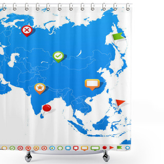 Personality  Asia Map And Navigation Icons - Illustration. Shower Curtains