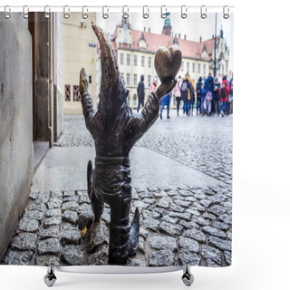 Personality  Wroclaw, Poland - December 2, 2019: Dwarf Statuette Called WrocLove In Historic Part Of Wroclaw City Shower Curtains