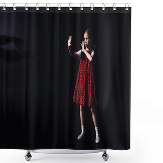 Personality  Scared Child Standing In Darkness With Outstretched Hands On Black Background Shower Curtains