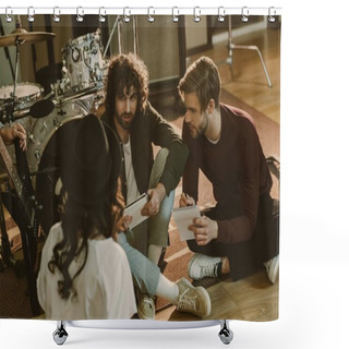 Personality  Young Band Writing Music Together While Sitting On Floor Shower Curtains