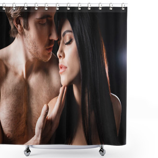 Personality  Shirtless Man Touching Chin Of Brunette Girlfriend On Black Background Shower Curtains