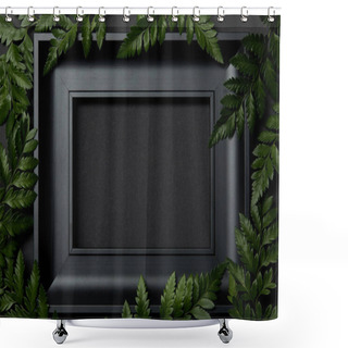 Personality  Top View Of Empty Black Frame On Black Background With Copy Space And Green Fern Leaves Shower Curtains