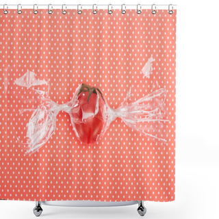 Personality  Top View Of Red Fresh Tomato In Transparent Candy Shaped Wrapping On Red Dotted Background Shower Curtains