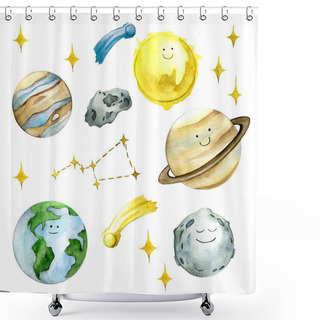 Personality  Watercolor Set, Collection Of Space Elements. Cute Smiling Planets Earth, Jupiter, Moon, Sun. Asteroids, Stars And Constellations Isolated On White Background. Clip-art For Children. Shower Curtains