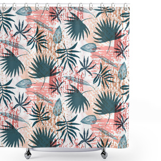 Personality  Blue Hand Drawn Leaves And Red Grunge Pattern Shower Curtains