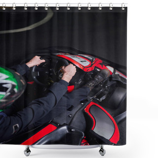 Personality  Top View Of Man In Helmet And Sportswear Driving Go Kart On Indoor Circuit, Adrenaline Concept Shower Curtains