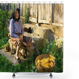Personality  Old Peasant Woman Harvests Corncobs Shower Curtains