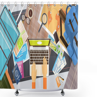 Personality  Ticket Boarding Pass Travel Document Hands Hold Typing Laptop Computer Vacation Concept Shower Curtains