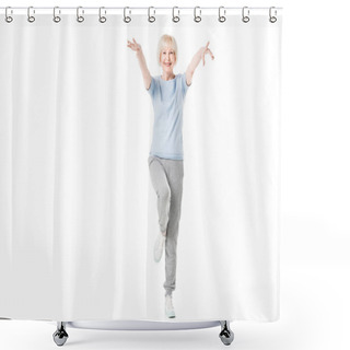 Personality  Senior Sportswoman Standing On One Leg Isolated On White Shower Curtains