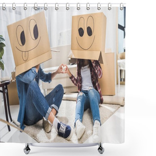 Personality  Couple With Boxes On Heads Shower Curtains