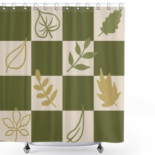 Personality  Hand Drawn Seamless Pattern With Forest Tree Leaves On Checks Checkered Checkerboard Background. Beige Sage Green Grass Squares, Geometric Natural Neutral Calm Print, Wood Woodland Art Shower Curtains