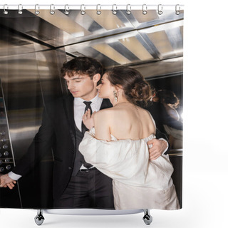 Personality  Good Looking Groom In Formal Wear Pushing Button While Hugging Brunette And Young Bride In Wedding Dress And Standing Together In Elevator Of Modern Hotel  Shower Curtains