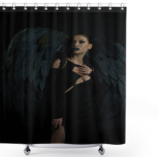 Personality  Tattooed Woman In Halloween Costume Of Fallen Angel With Wings Looking Away On Black, Demonic Charm Shower Curtains