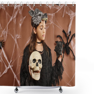 Personality  Close Up Preteen Girl Holds Skull And Black Rose In Her Hands Wearing Wolf Mask, Halloween Concept Shower Curtains