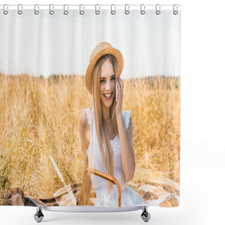 Personality  Selective Focus Of Stylish Blonde Woman In Summer Outfit Talking On Smartphone While Looking At Camera In Field Shower Curtains